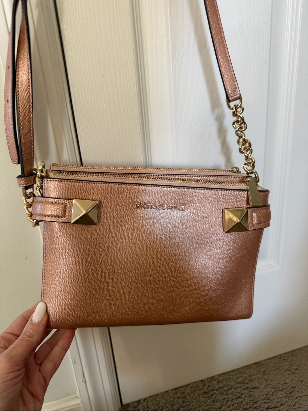 Michael Kors Metallic Rose Gold Crossbody with Chain Strap